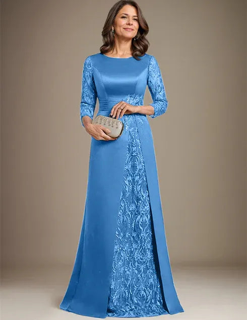 Robe de mère de la mariée en satin et dentelle, coupe trapèze, longueur au sol, avec appliques 
