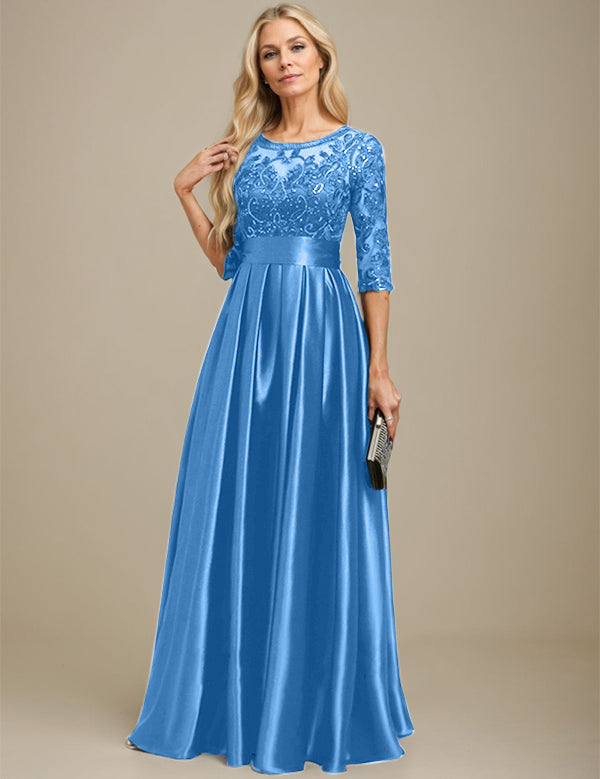 A-line Scoop Illusion Floor-Length Stretch Satin Lace Mother of the Bride Dress With Bow Sequins