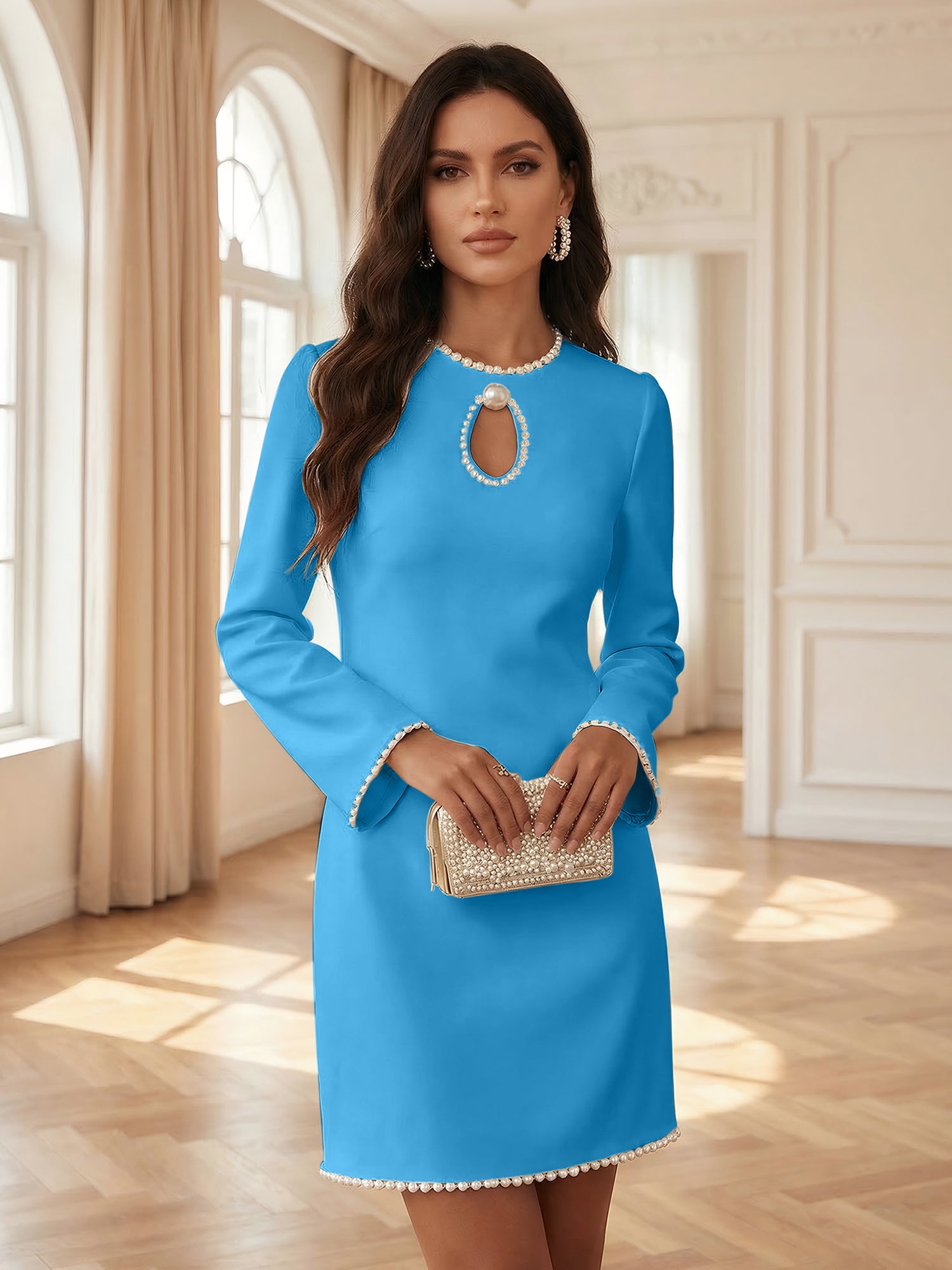 White Pearl Hollow Out Classic Crew Neck Long Sleeve Shift Mini Dress Gown