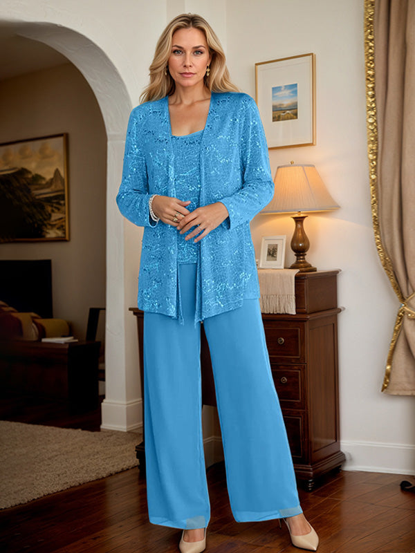 Chiffon Mother of the Bride Pantsuits with Jacket & Sequins