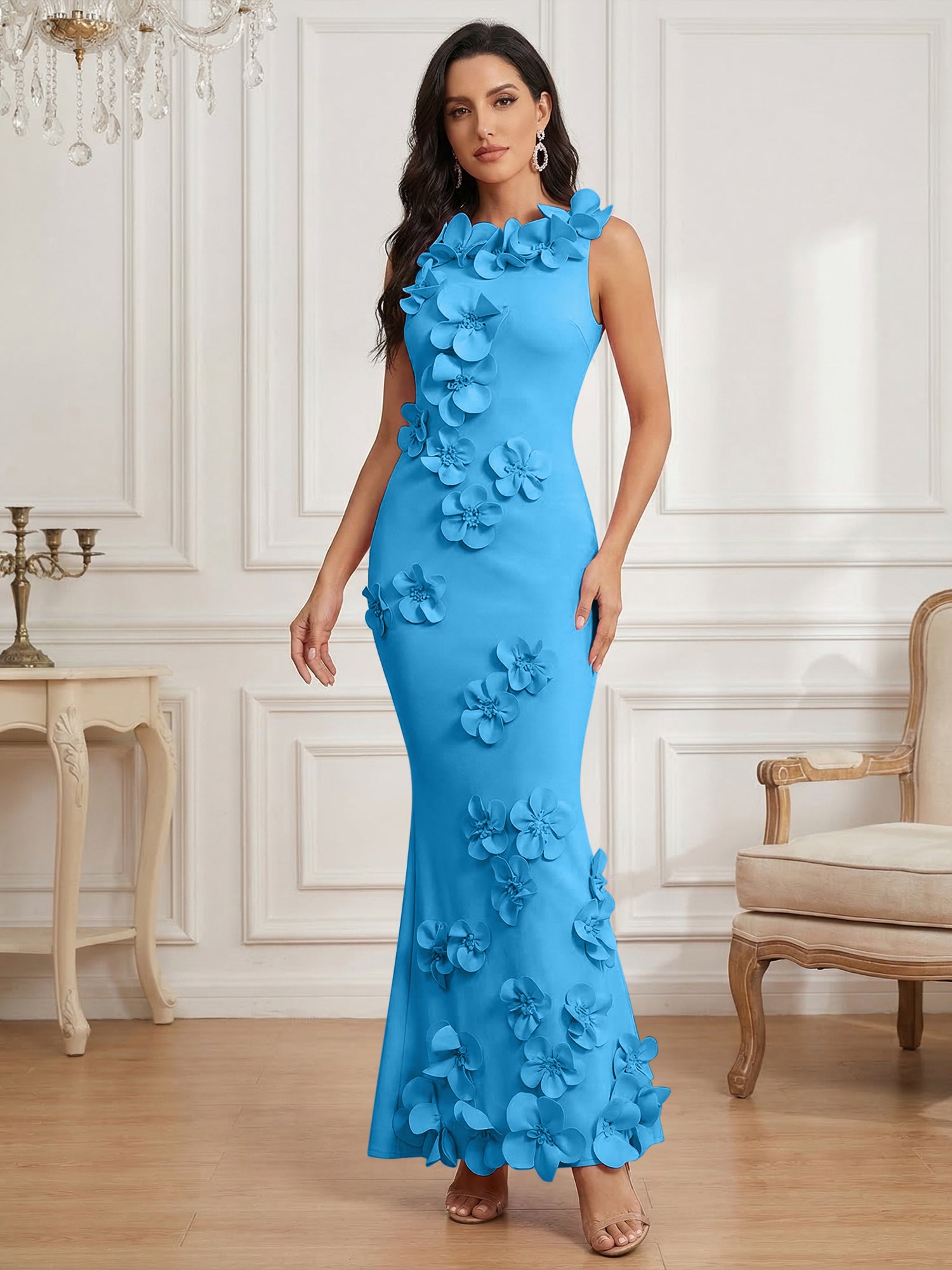 Romantic Pink Sleeveless 3D Floral Mermaid Gown