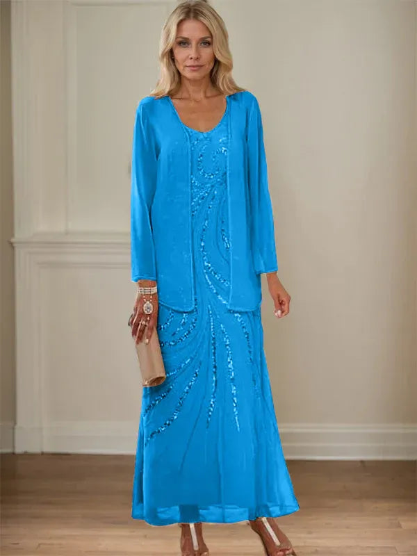 Robe de mère de la mariée fourreau/colonne, col en V, longueur cheville, avec veste et paillettes 