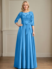 A-line Scoop Illusion Floor-Length Satin Lace Mother of the Bride Dress With Sequins Bow