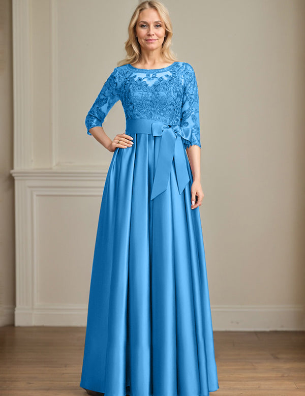 A-line Scoop Illusion Floor-Length Satin Lace Mother of the Bride Dress With Sequins Bow