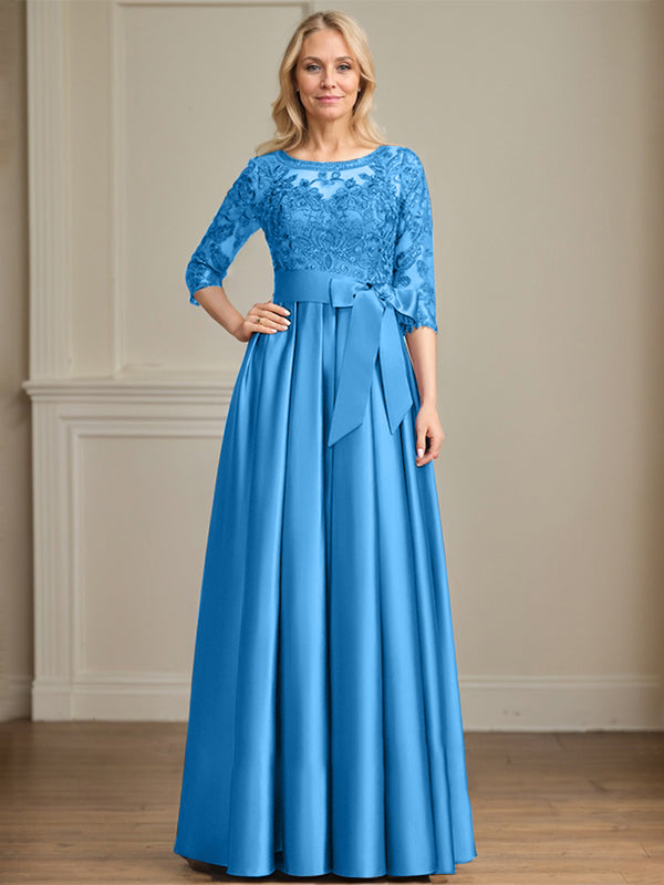 A-line Scoop Illusion Floor-Length Satin Lace Mother of the Bride Dress With Sequins Bow