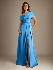 A-Line Asymmetrical Neckline Floor-Length Satin Mother of the Bride Dress With Pleated