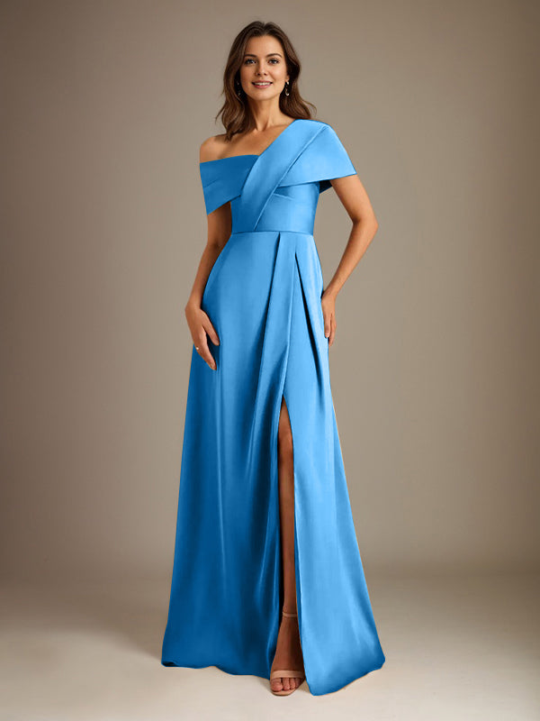 A-Line Asymmetrical Neckline Floor-Length Satin Mother of the Bride Dress With Pleated