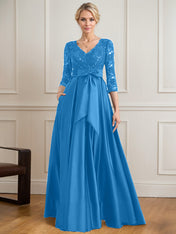 A-line V-Neck Floor-Length Satin Lace Mother of the Bride Dress With Sequins Bow