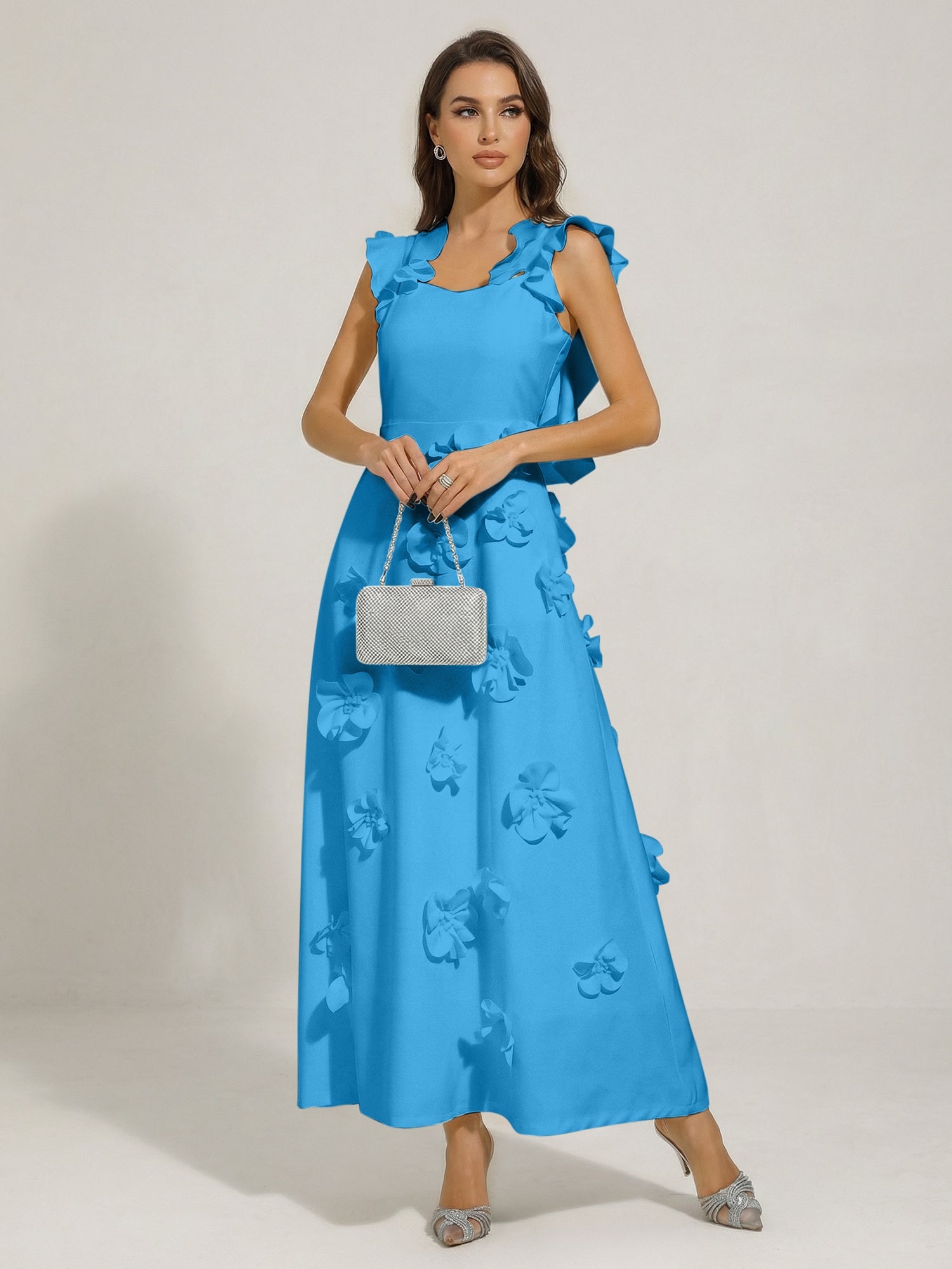 Chic White 3D Flowers A-Line Floor Length Stretch Crepe Dress with Pockets Maxi Dress