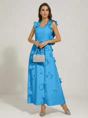 Chic White 3D Flowers A-Line Floor Length Stretch Crepe Dress with Pockets Maxi Dress