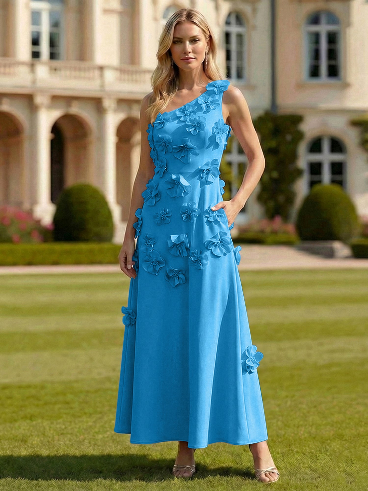 A Line One Shoulder Sleeveless Floor Length Stretch Crepe Dress With 3D Flowers