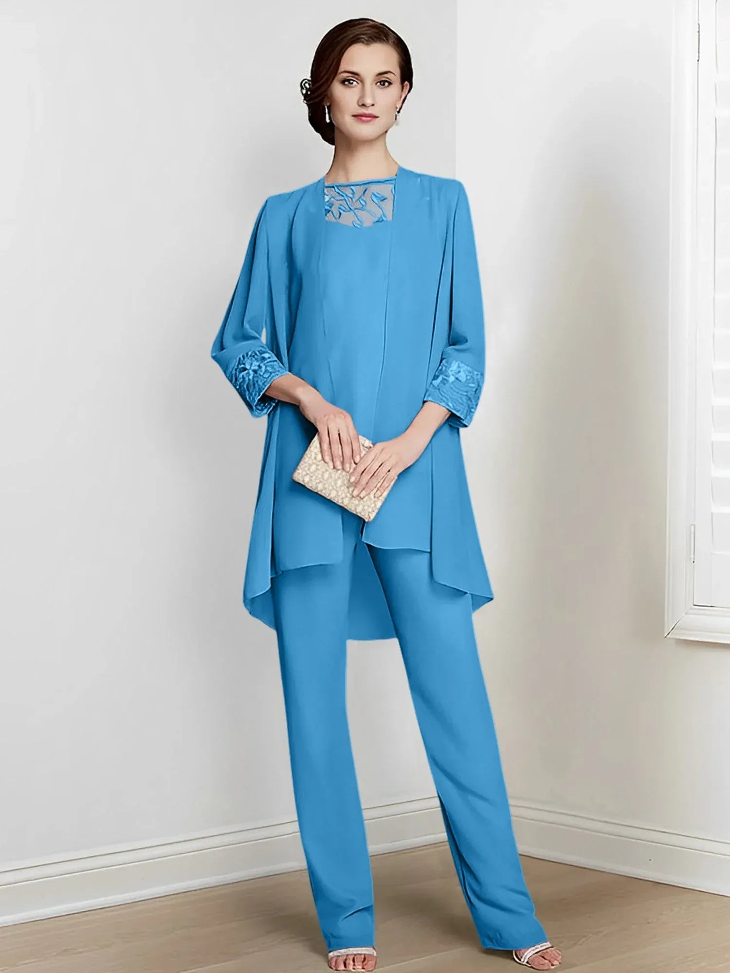 Tailleur-pantalon en mousseline à manches longues pour mère de la mariée avec veste 