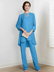 Tailleur-pantalon en mousseline à manches longues pour mère de la mariée avec veste 