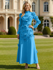 A Line High Neck Long Sleeves Stretch Crepe Dress With 3D Flowers