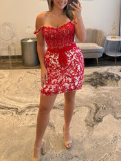 Off-Shoulder Lace Bodycon Homecoming Dress with Bow