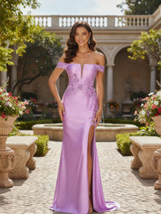 Off-the-Shoulder Lace Applique Satin Prom Dress with High Slit