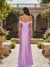 Off-the-Shoulder Lace Applique Satin Prom Dress with High Slit
