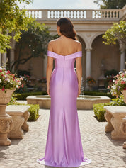 Off-the-Shoulder Lace Applique Satin Prom Dress with High Slit