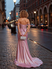 Off-the-Shoulder Rhinestone Metallic Satin Corset Prom Dress