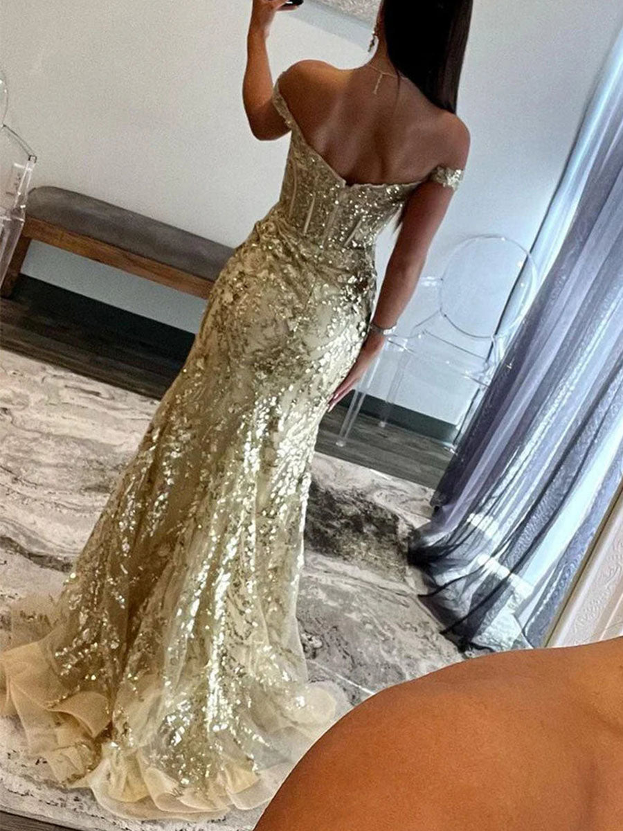 Off-the-Shoulder Sequin Lace Mermaid Long Porm Dress with Slit