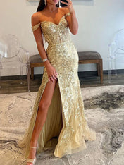 Off-the-Shoulder Sequin Lace Mermaid Long Porm Dress with Slit