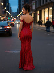 Off-the-Shoulder Sequin Prom Gown with Geometric Pattern