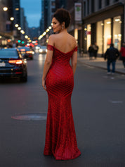 Off-the-Shoulder Sequin Prom Gown with Geometric Pattern