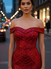 Off-the-Shoulder Sequin Prom Gown with Geometric Pattern