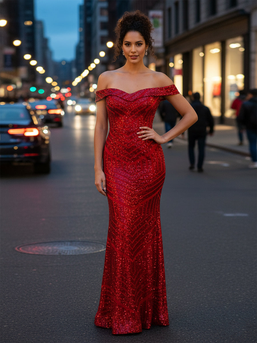 Off-the-Shoulder Sequin Prom Gown with Geometric Pattern