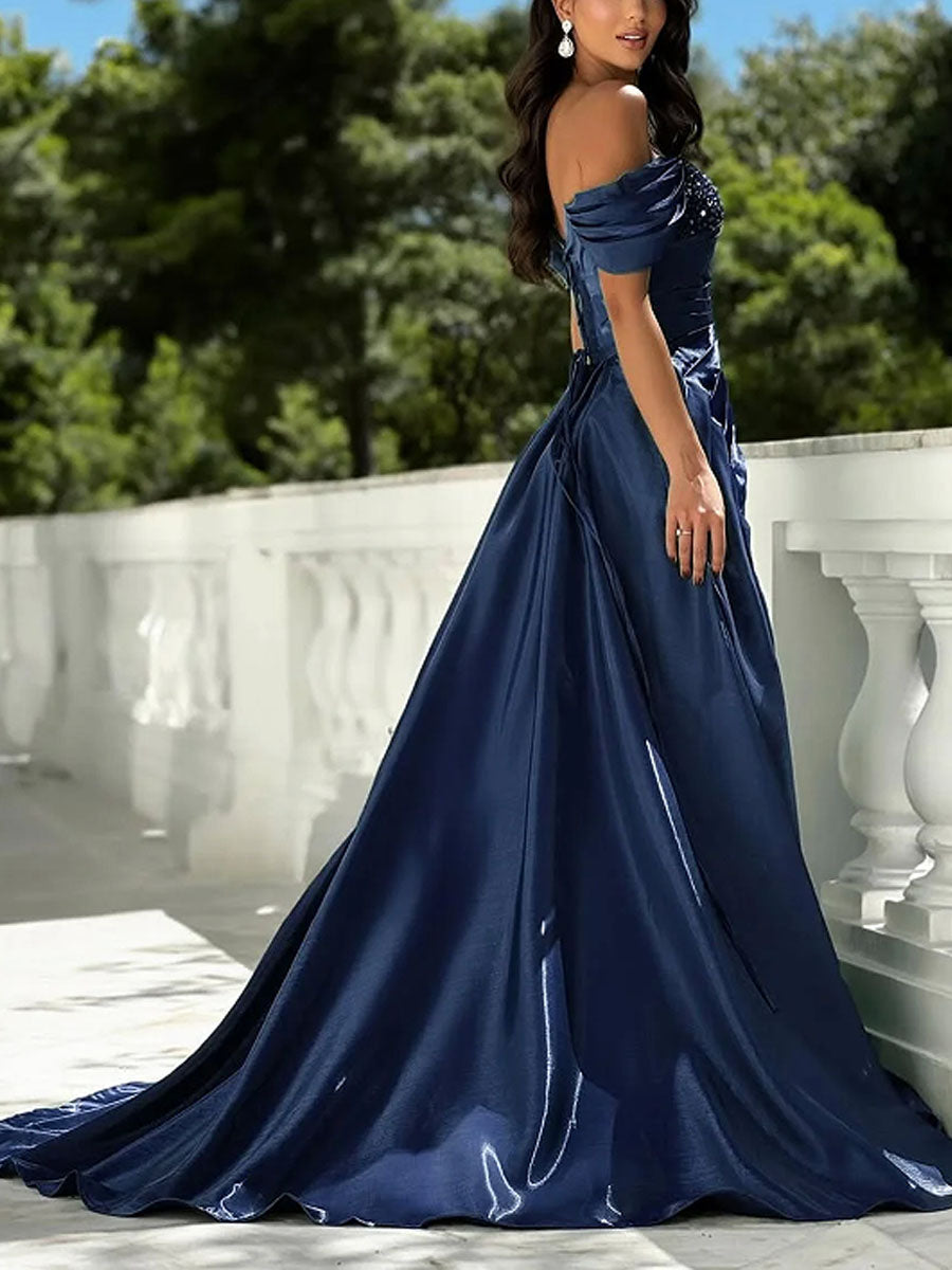 Off-the-Shoulder Asymmetrical Sequin Bodice Prom Dress with Slit