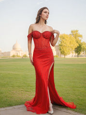 Off-the-Shoulder Beaded Tulle Long Prom Dress with Swirling Sequins