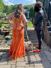 Orange Mermaid Spaghetti Straps Sequins Applique Long Prom Dress