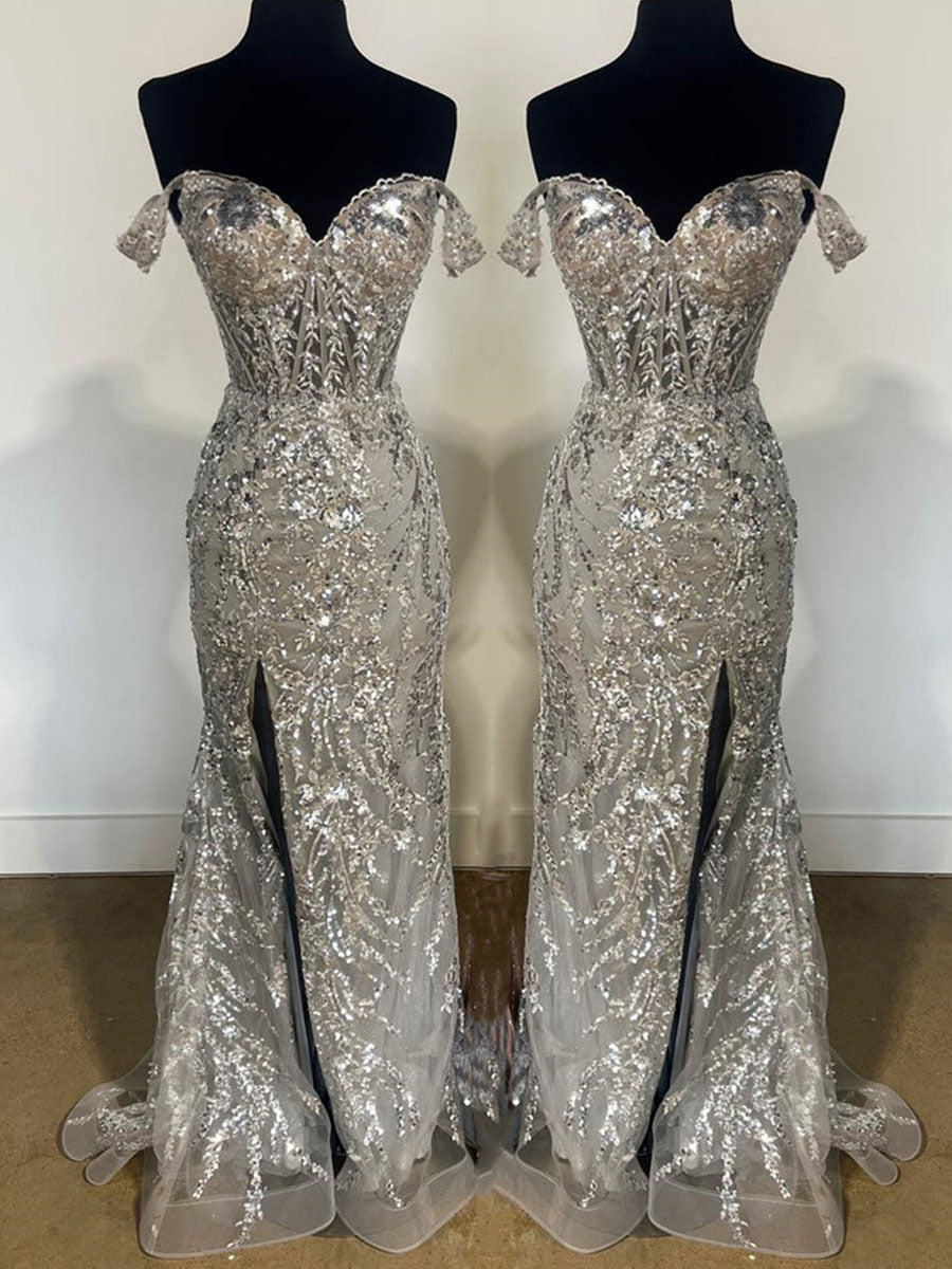 Off-the-Shoulder Sequin Lace Mermaid Long Porm Dress with Slit