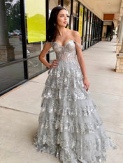 Off the Shoulder Tiered Lace Long Prom Dress