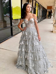 Off the Shoulder Tiered Lace Long Prom Dress