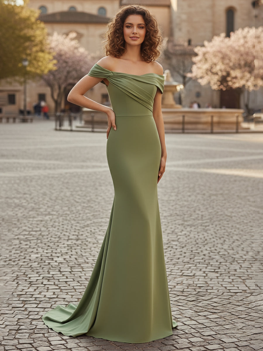 Off The Shoulder Draped Neck Long Fishtail Prom Dress with Wide Hem