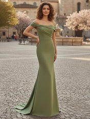 Off The Shoulder Draped Neck Long Fishtail Prom Dress with Wide Hem
