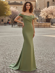 Off The Shoulder Draped Neck Long Fishtail Prom Dress with Wide Hem