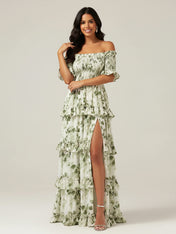 Off The Shoulder Printed Floral Maxi Dress With Slit
