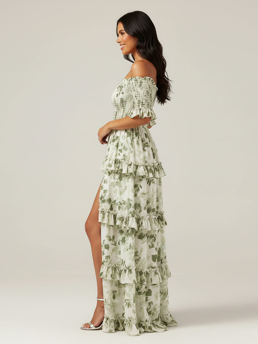Off The Shoulder Printed Floral Maxi Dress With Slit