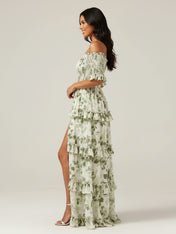 Off The Shoulder Printed Floral Maxi Dress With Slit
