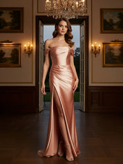 Off The Shoulder Stretch Pleated Satin Formal Dress