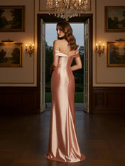 Off The Shoulder Stretch Pleated Satin Formal Dress
