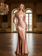 Off The Shoulder Stretch Pleated Satin Long Formal Dress
