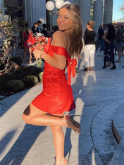 Off Shoulder Sheath Party Red Homecoming Mini Dress with Bow