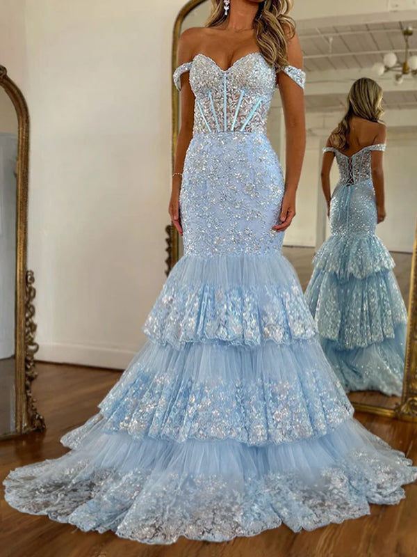 Off The Shoulder Tiered Ruffle Mermaid Prom Dress with Lace Appliqué