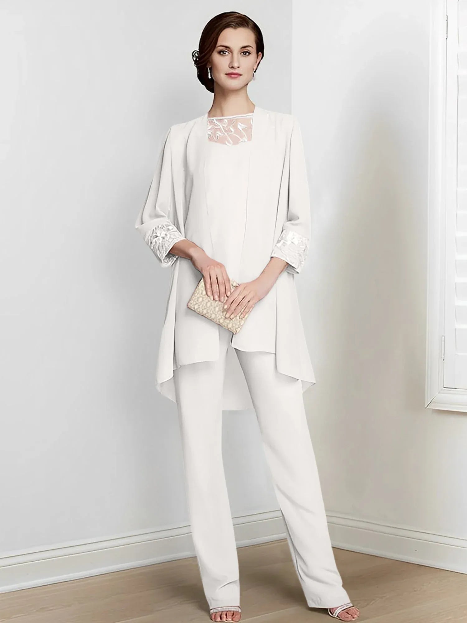 Tailleur-pantalon en mousseline à manches longues pour mère de la mariée avec veste 