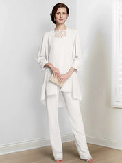 Tailleur-pantalon en mousseline à manches longues pour mère de la mariée avec veste 