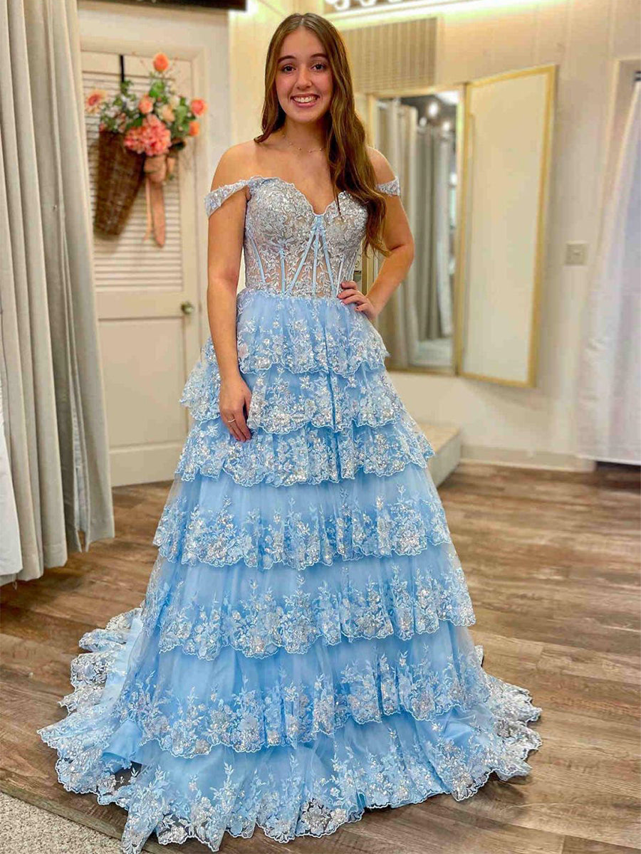 Off the Shoulder Tiered Lace Long Prom Dress