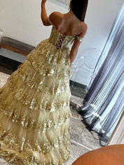 Off the Shoulder Tiered Lace Long Prom Dress